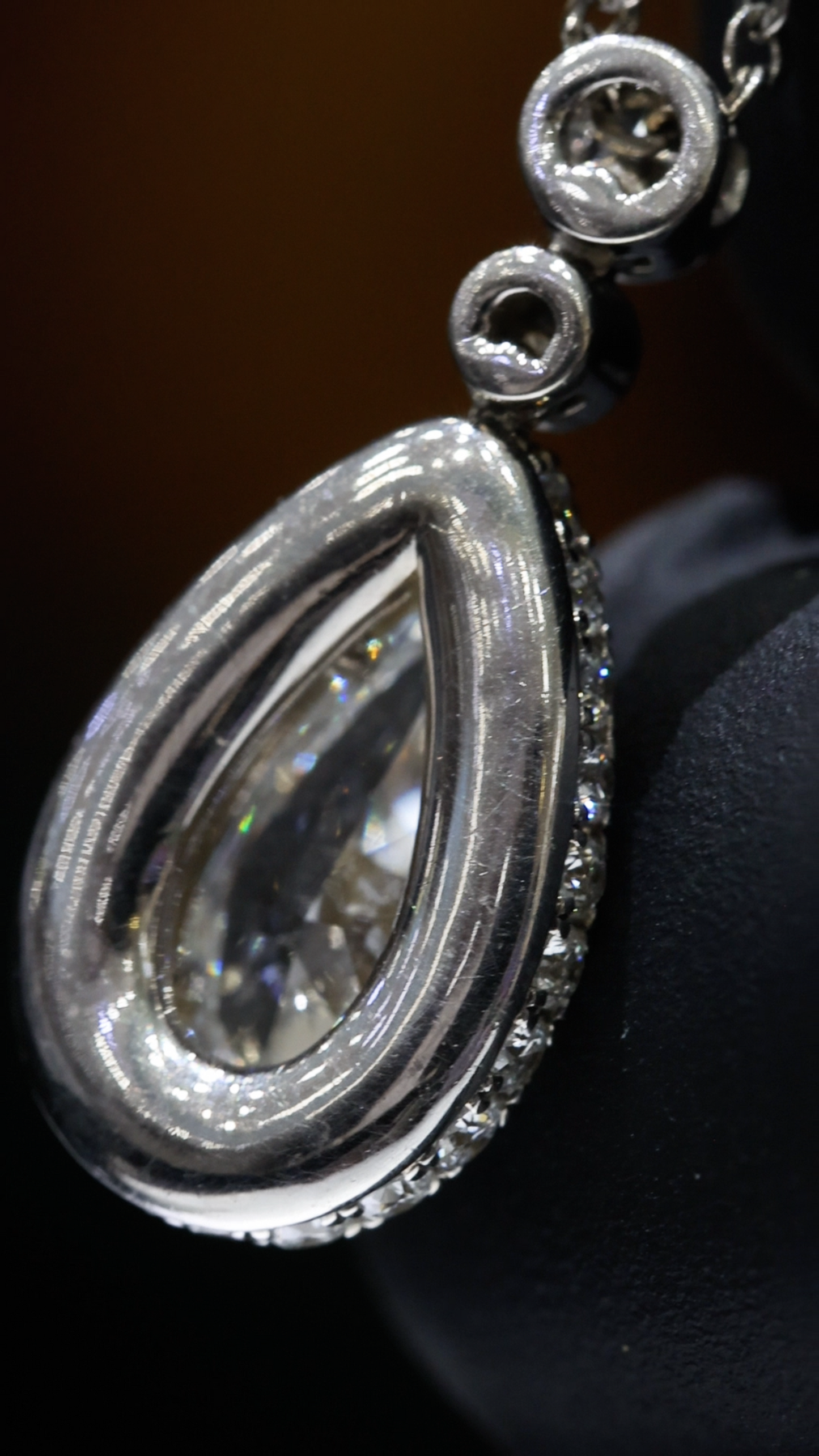 Natural Pear-Cut Diamond Halo Drop Necklace in White Gold | Bezel & Pavé Design