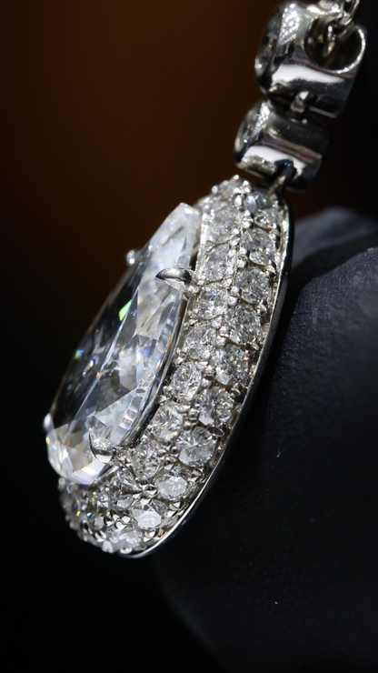 Natural Pear-Cut Diamond Halo Drop Necklace in White Gold | Bezel & Pavé Design