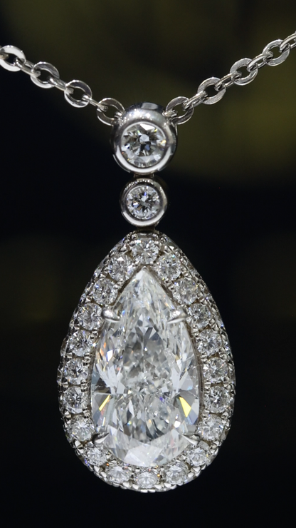 Natural Pear-Cut Diamond Halo Drop Necklace in White Gold | Bezel & Pavé Design