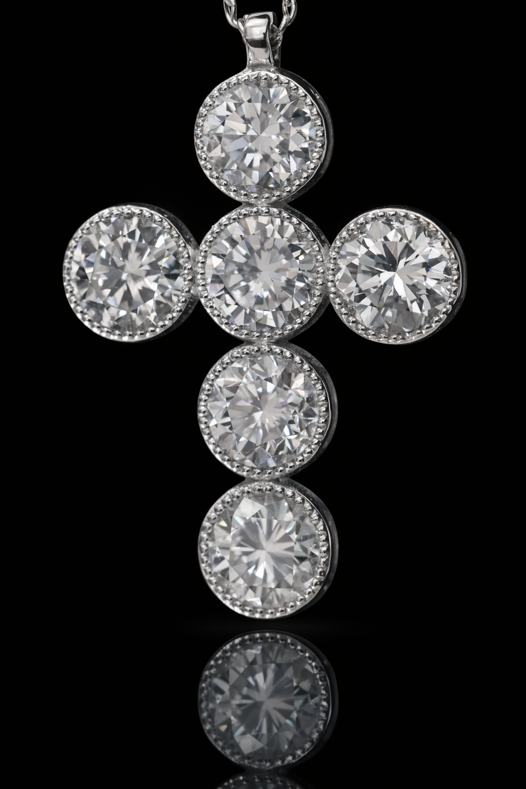 Natural Round Diamond Cross Necklace in 14K White Gold | Bezel Halo Cluster Design