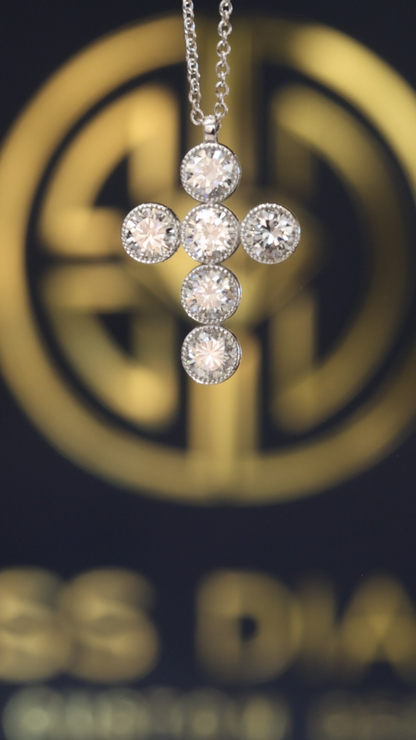 Natural Round Diamond Cross Necklace in 14K White Gold | Bezel Halo Cluster Design