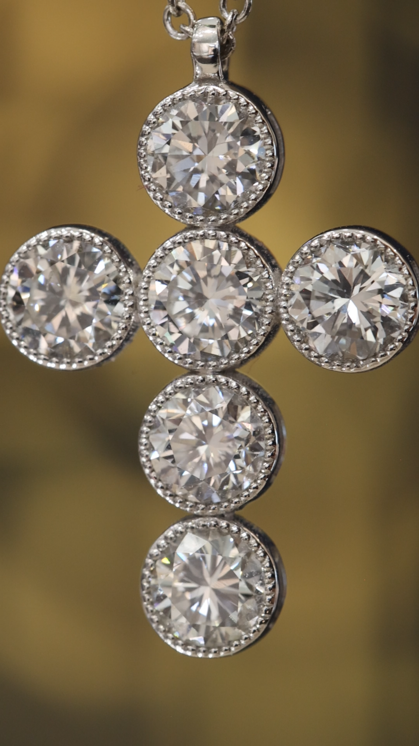 Natural Round Diamond Cross Necklace in 14K White Gold | Bezel Halo Cluster Design