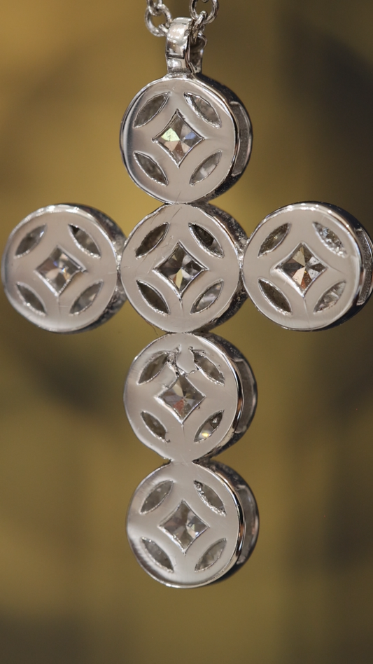 Natural Round Diamond Cross Necklace in 14K White Gold | Bezel Halo Cluster Design