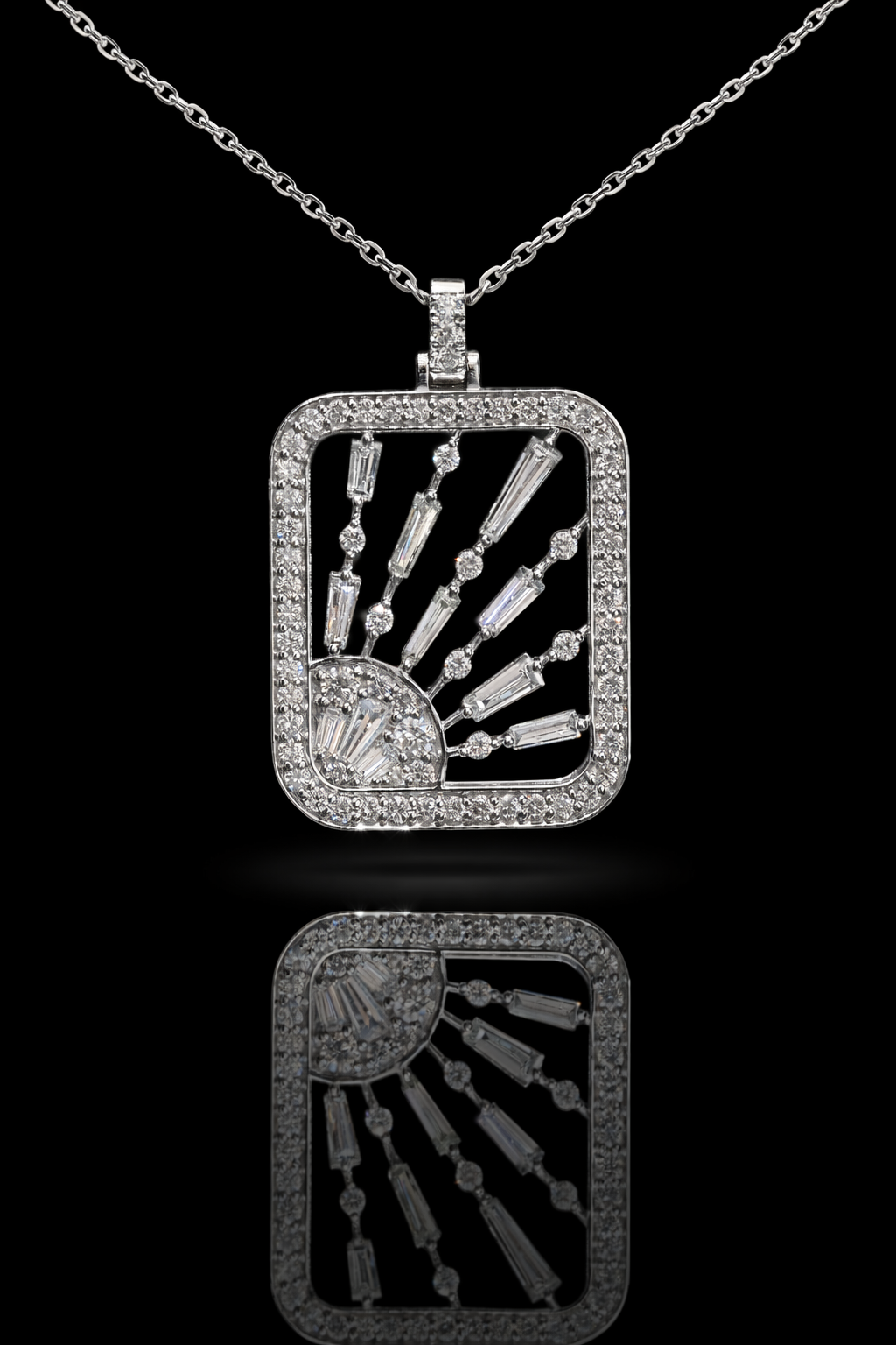Natural Diamond Sunburst Open-Frame Pendant Necklace in White Gold | Art Deco Radiant Design