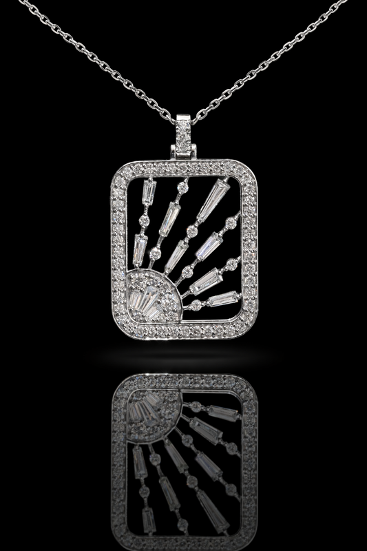 Natural Diamond Sunburst Open-Frame Pendant Necklace in White Gold | Art Deco Radiant Design