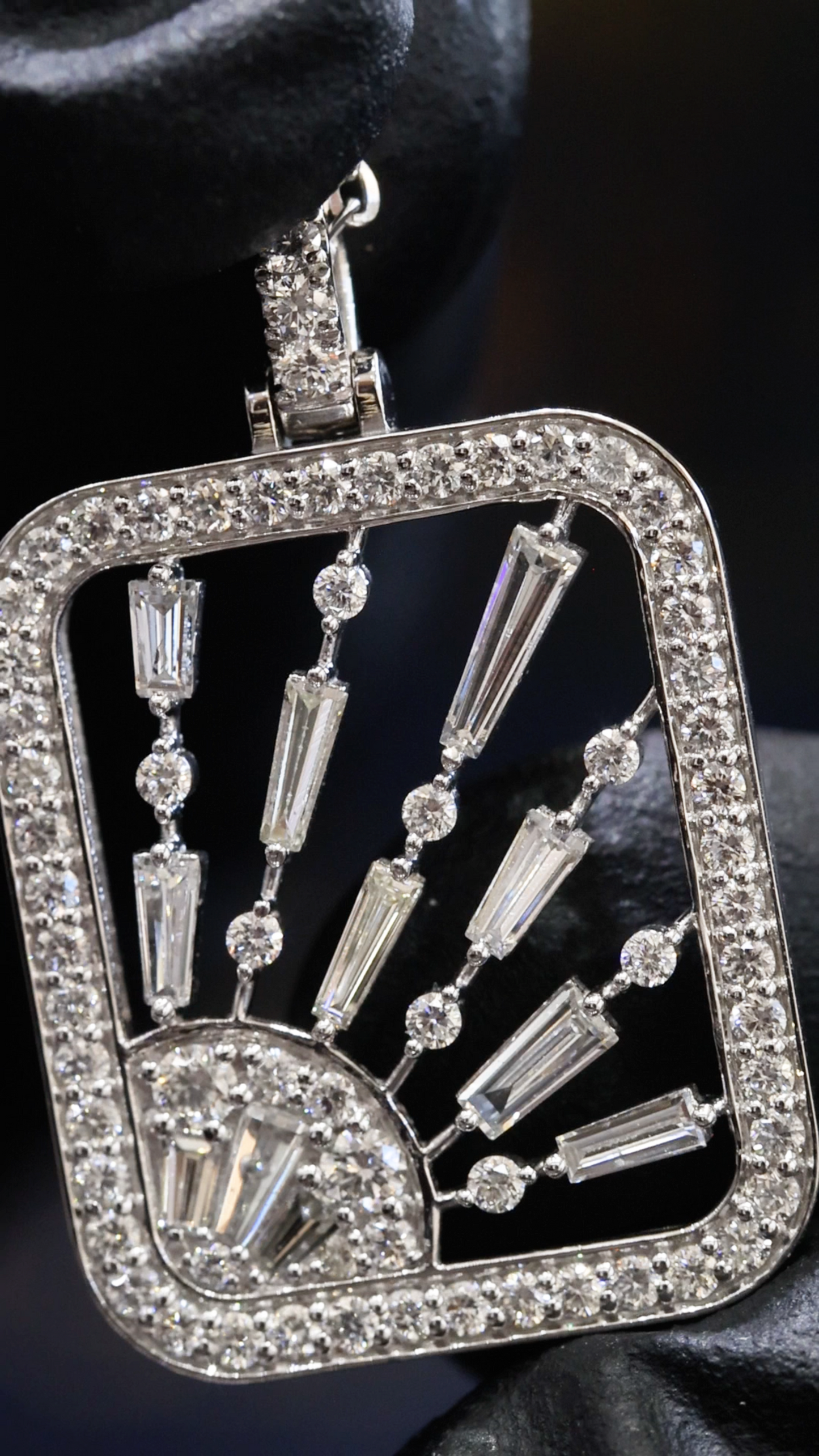 Natural Diamond Sunburst Open-Frame Pendant Necklace in White Gold | Art Deco Radiant Design