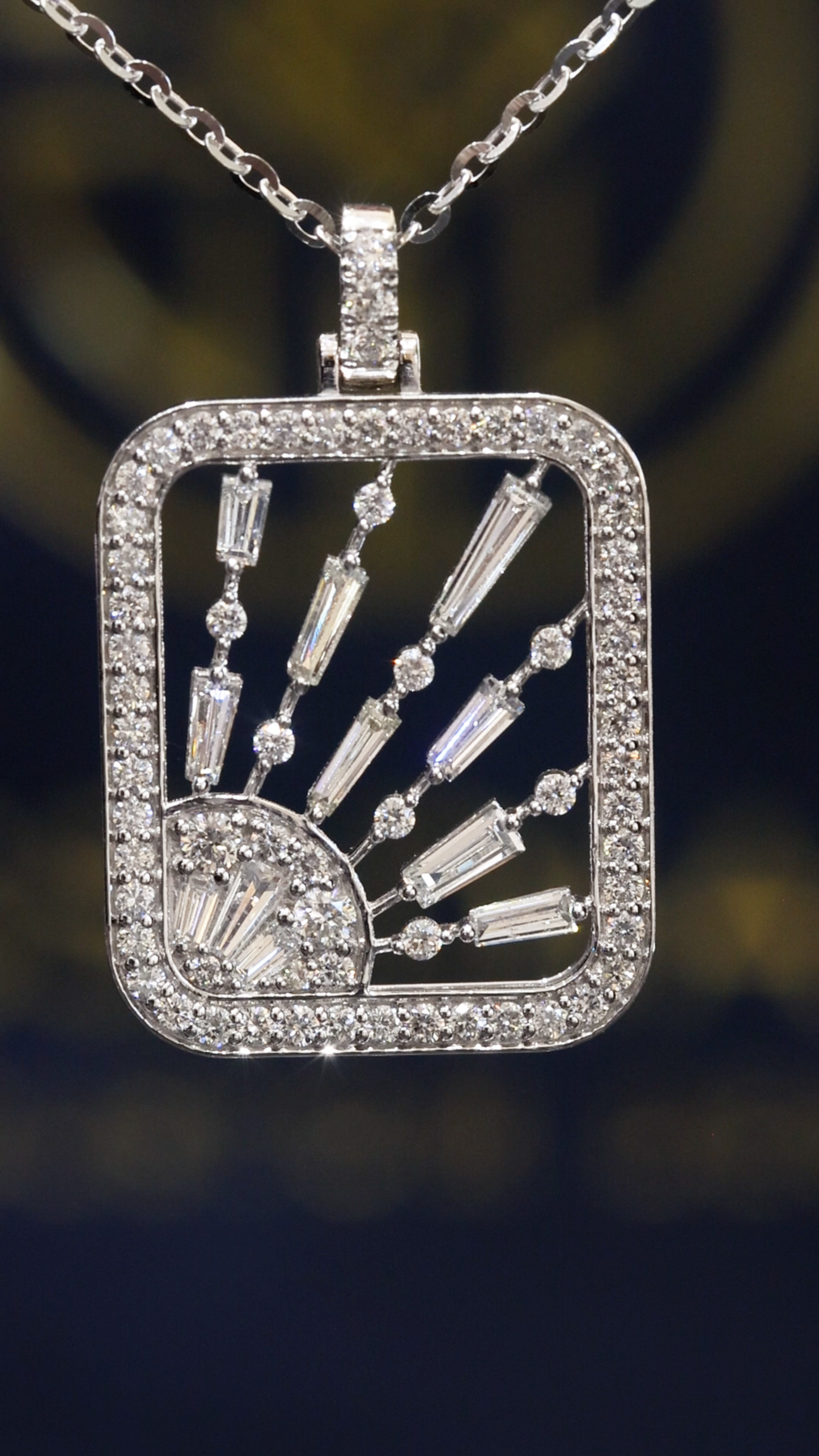 Natural Diamond Sunburst Open-Frame Pendant Necklace in White Gold | Art Deco Radiant Design