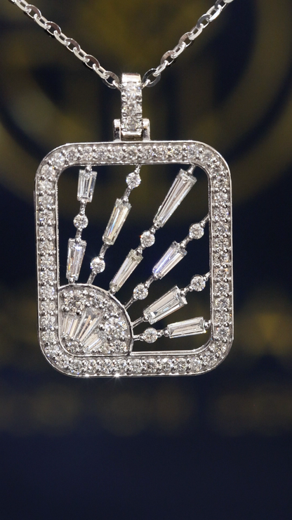 Natural Diamond Sunburst Open-Frame Pendant Necklace in White Gold | Art Deco Radiant Design