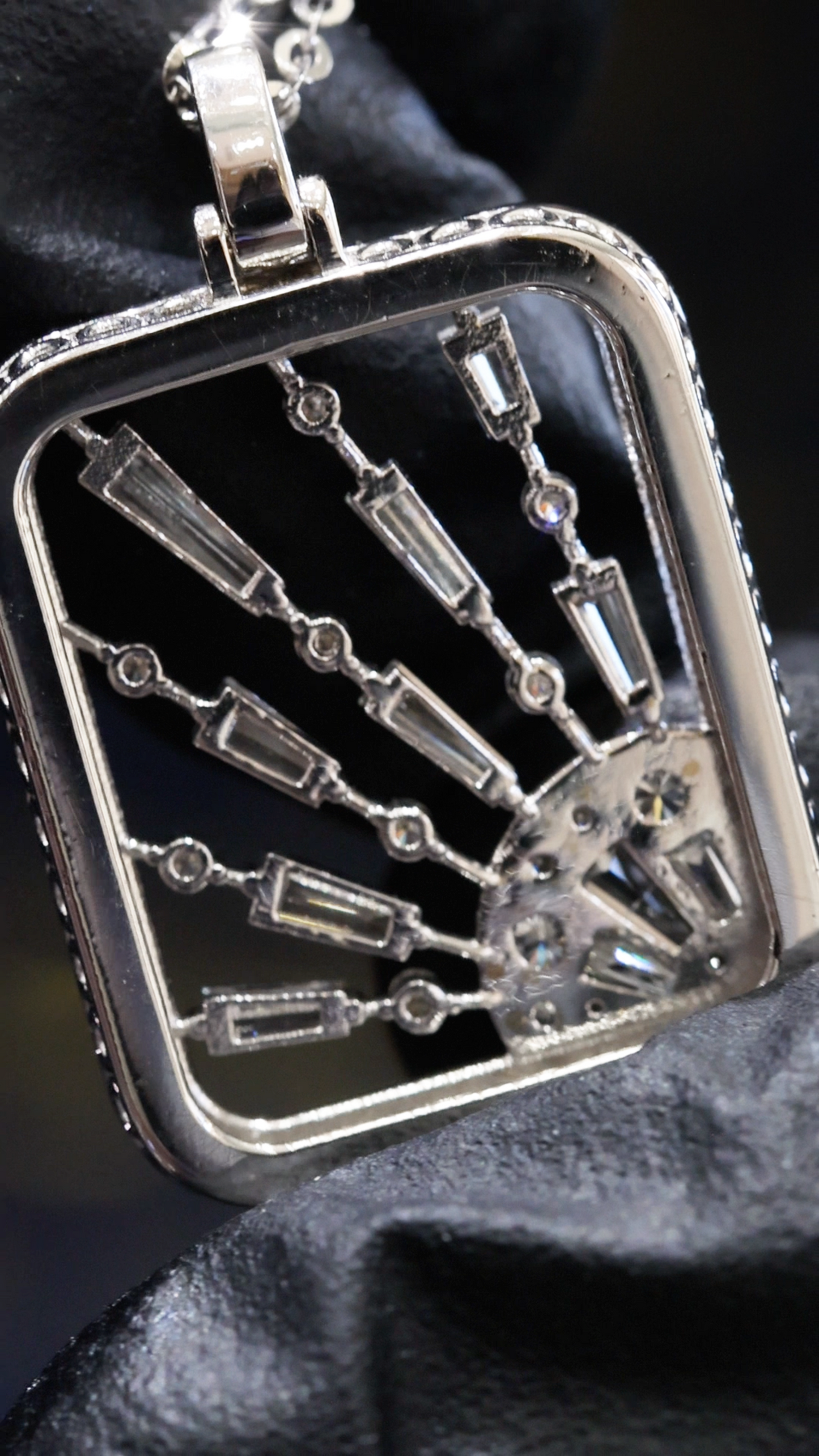 Natural Diamond Sunburst Open-Frame Pendant Necklace in White Gold | Art Deco Radiant Design