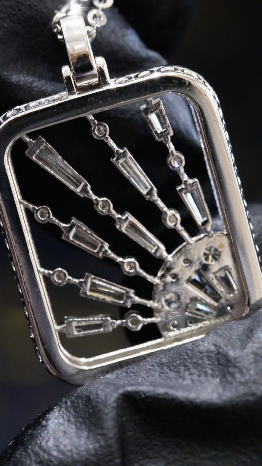 Natural Diamond Sunburst Open-Frame Pendant Necklace in White Gold | Art Deco Radiant Design