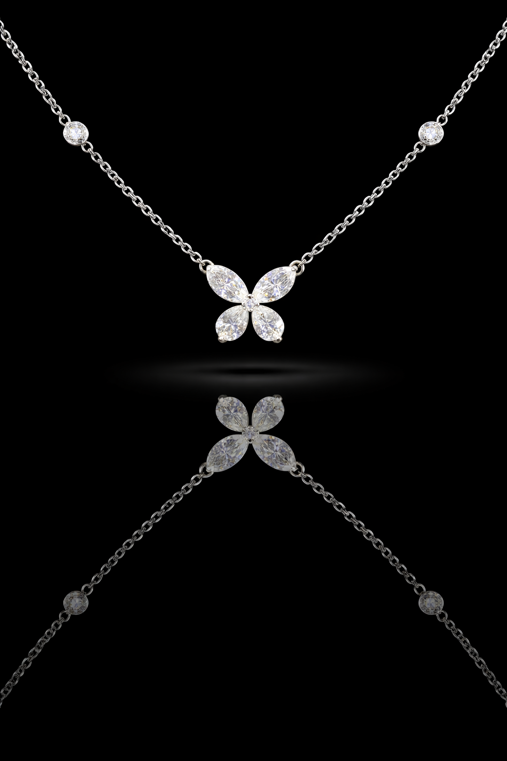 Natural Diamond Butterfly Pendant Necklace in White Gold | Marquise Cluster Design