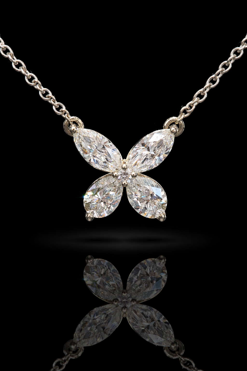 Natural Diamond Butterfly Pendant Necklace in White Gold | Marquise Cluster Design
