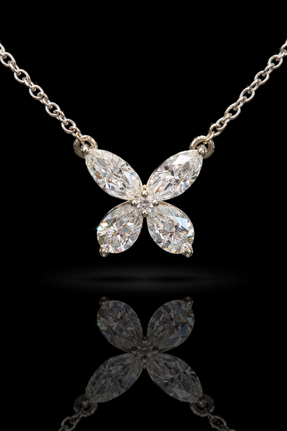 Natural Diamond Butterfly Pendant Necklace in White Gold | Marquise Cluster Design