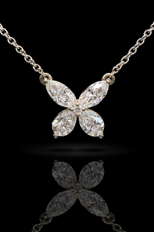 Natural Diamond Butterfly Pendant Necklace in White Gold | Marquise Cluster Design