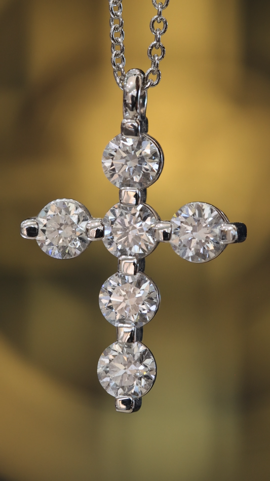 Natural Round Diamond Cross Pendant Necklace in 14K White Gold | Classic Diamond Cross