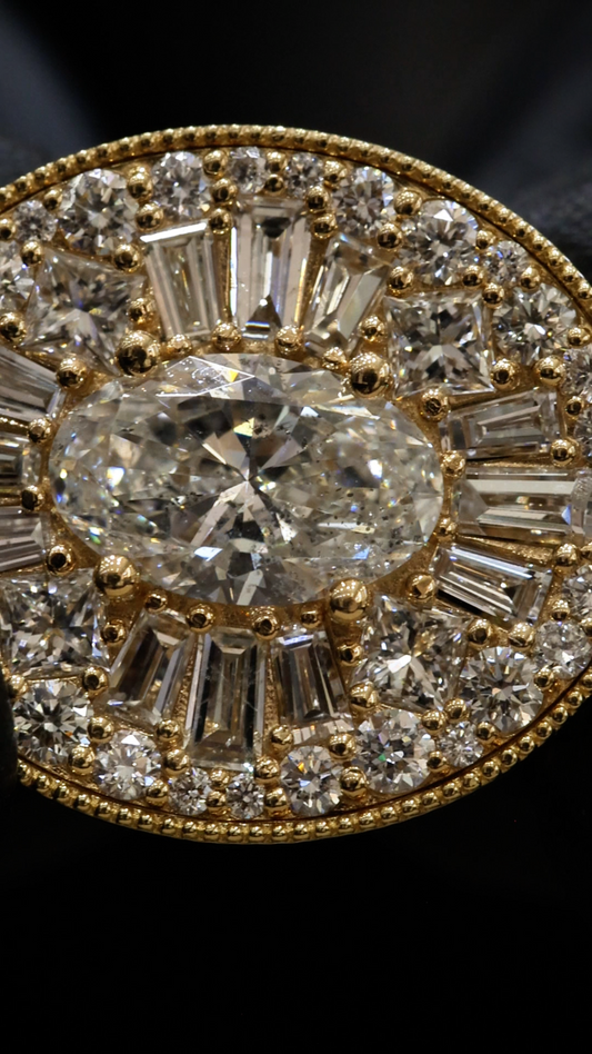 Natural Diamond Oval Halo Medallion Pendant in Yellow Gold | Vintage Sunburst Design