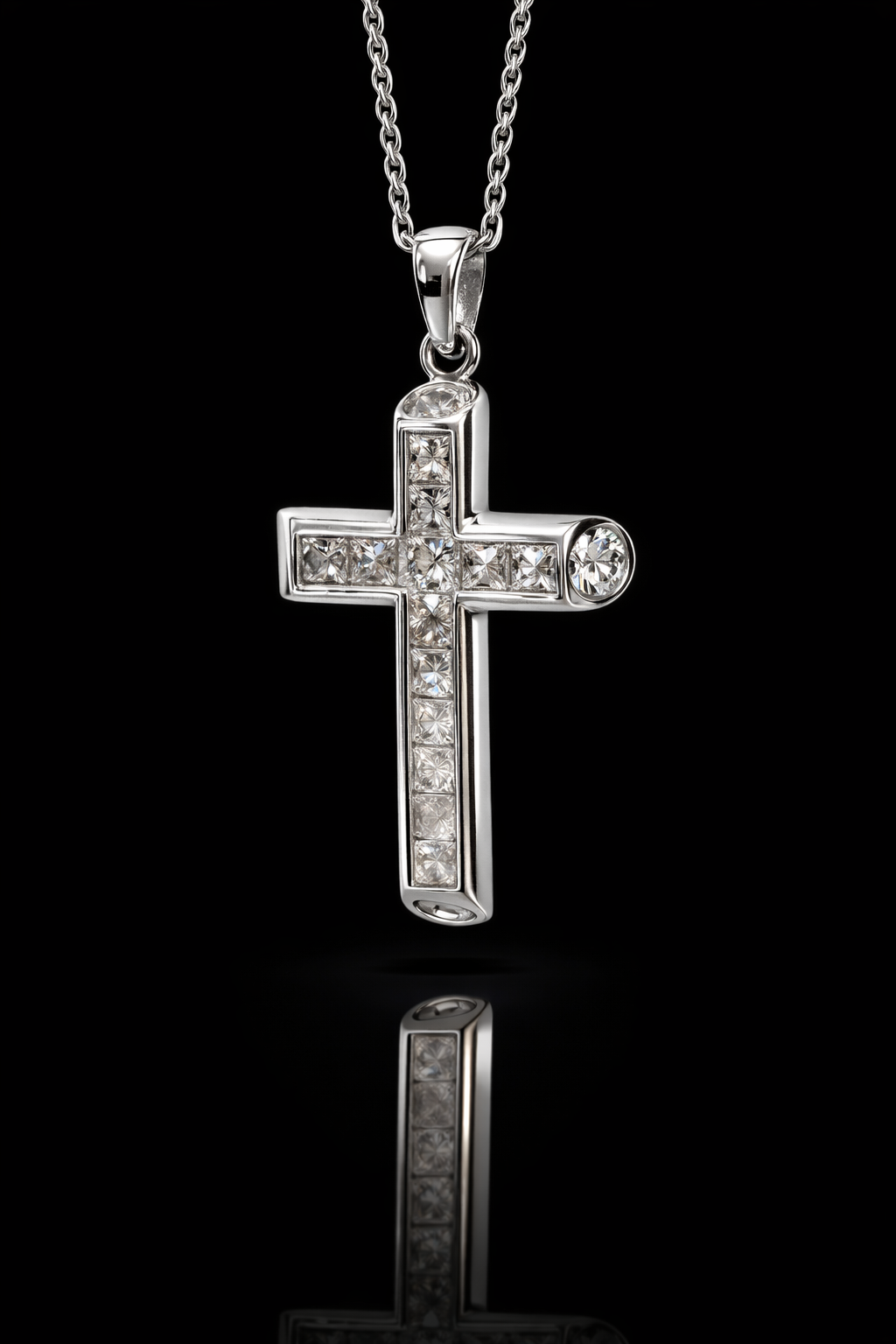 Natural Diamond Cross Pendant Necklace in 14K White Gold | Baguette & Round Diamond Cross