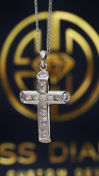 Natural Diamond Cross Pendant Necklace in 14K White Gold | Baguette & Round Diamond Cross