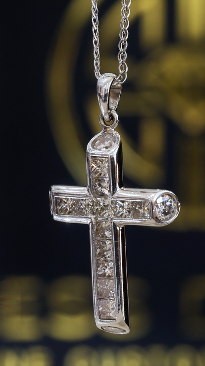 Natural Diamond Cross Pendant Necklace in 14K White Gold | Baguette & Round Diamond Cross