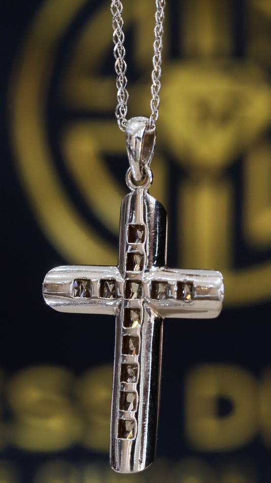 Natural Diamond Cross Pendant Necklace in 14K White Gold | Baguette & Round Diamond Cross