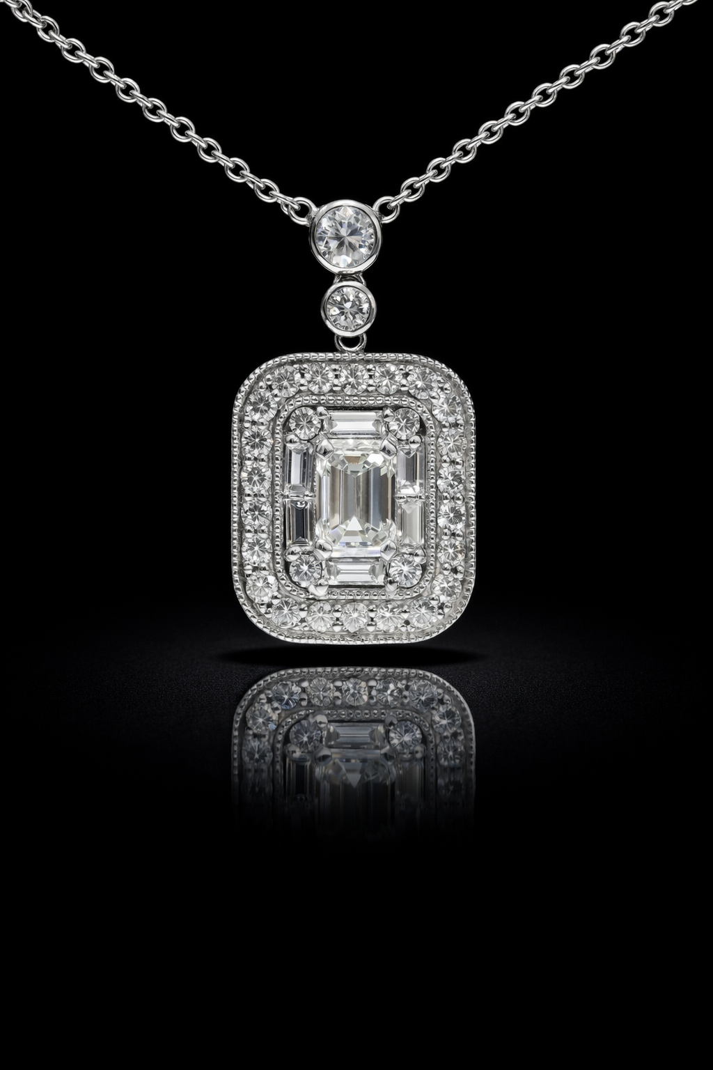 Natural Diamond Emerald Halo Pendant Necklace in White Gold | Bezel & Pavé Frame
