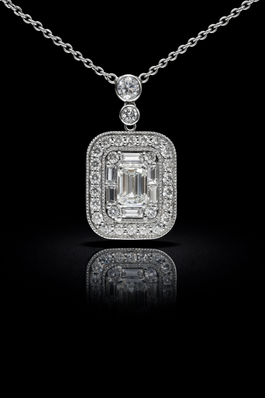 Natural Diamond Emerald Halo Pendant Necklace in White Gold | Bezel & Pavé Frame