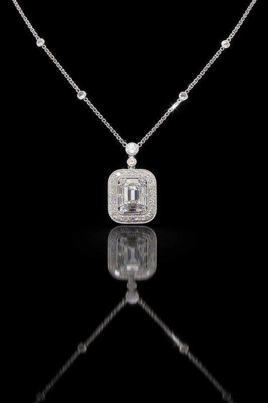 Natural Diamond Emerald Halo Pendant Necklace in White Gold | Bezel & Pavé Frame