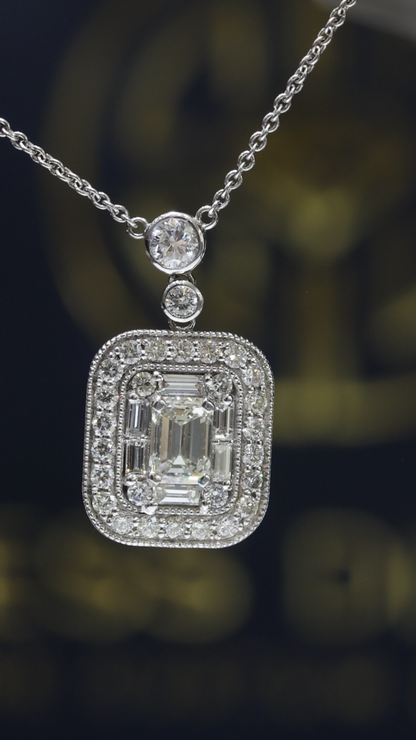 Natural Diamond Emerald Halo Pendant Necklace in White Gold | Bezel & Pavé Frame