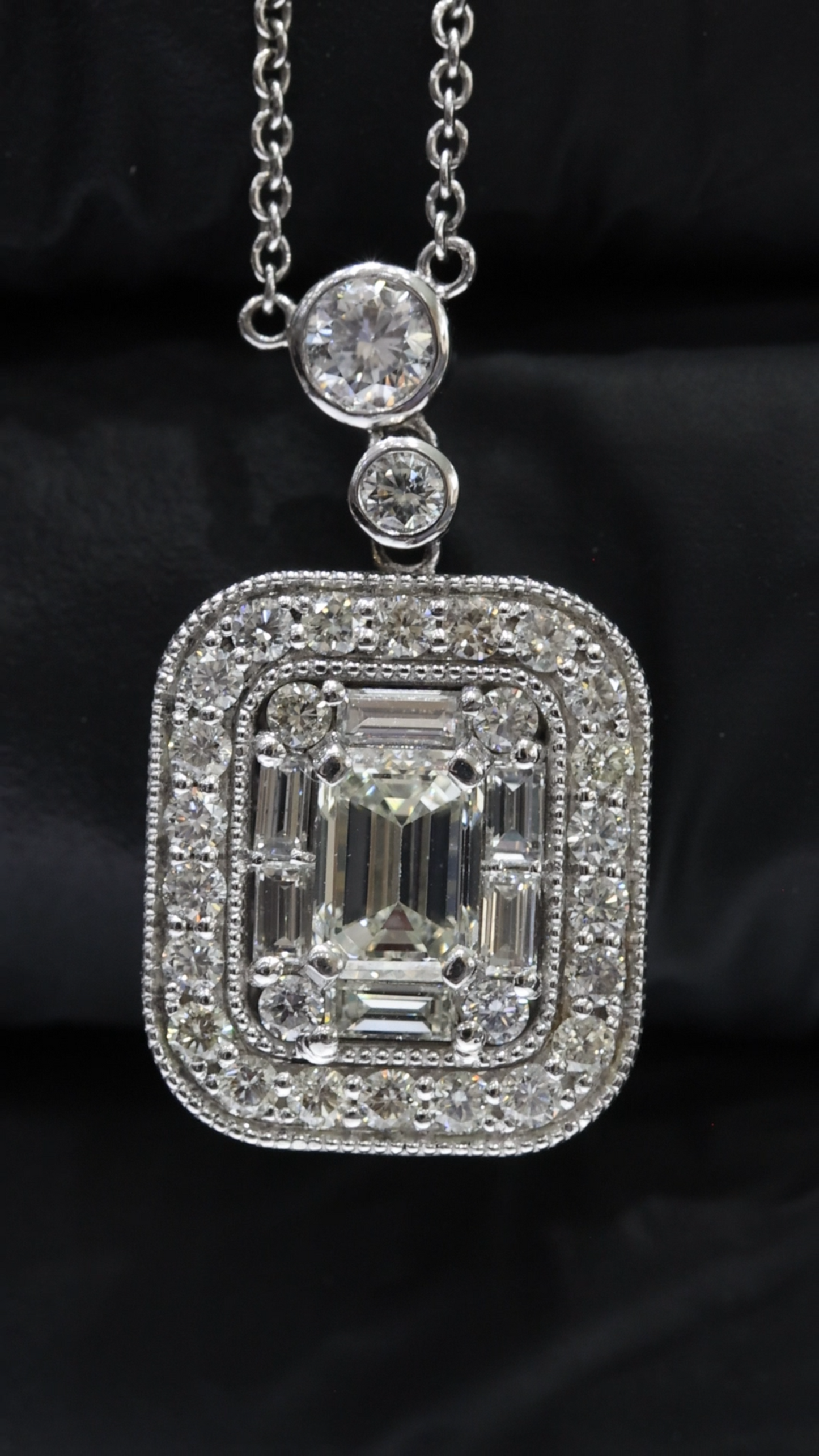 Natural Diamond Emerald Halo Pendant Necklace in White Gold | Bezel & Pavé Frame