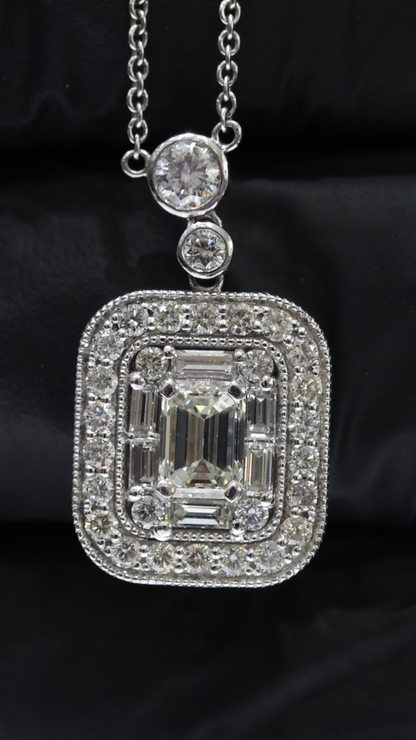 Natural Diamond Emerald Halo Pendant Necklace in White Gold | Bezel & Pavé Frame