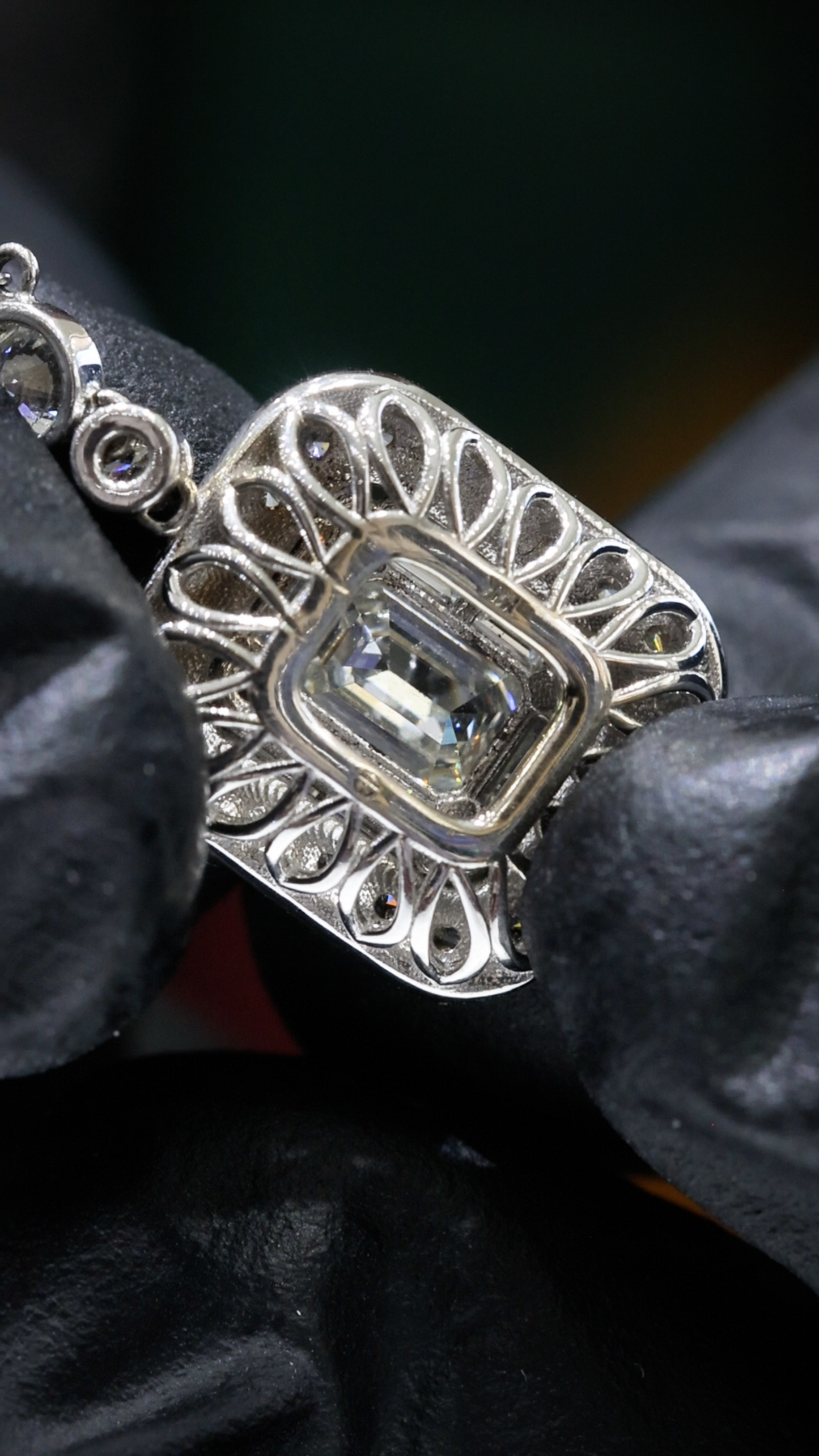 Natural Diamond Emerald Halo Pendant Necklace in White Gold | Bezel & Pavé Frame