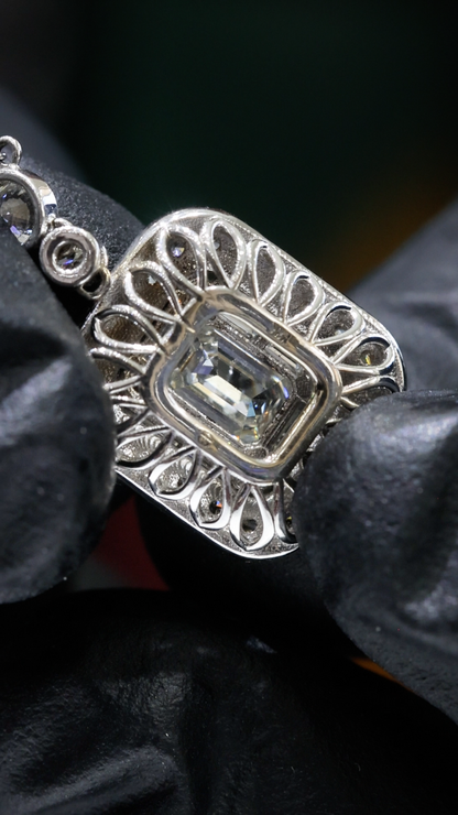 Natural Diamond Emerald Halo Pendant Necklace in White Gold | Bezel & Pavé Frame