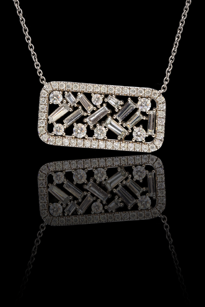 Natural Baguette & Round Diamond Bar Pendant Necklace in 14K White Gold | Diamond Halo Frame