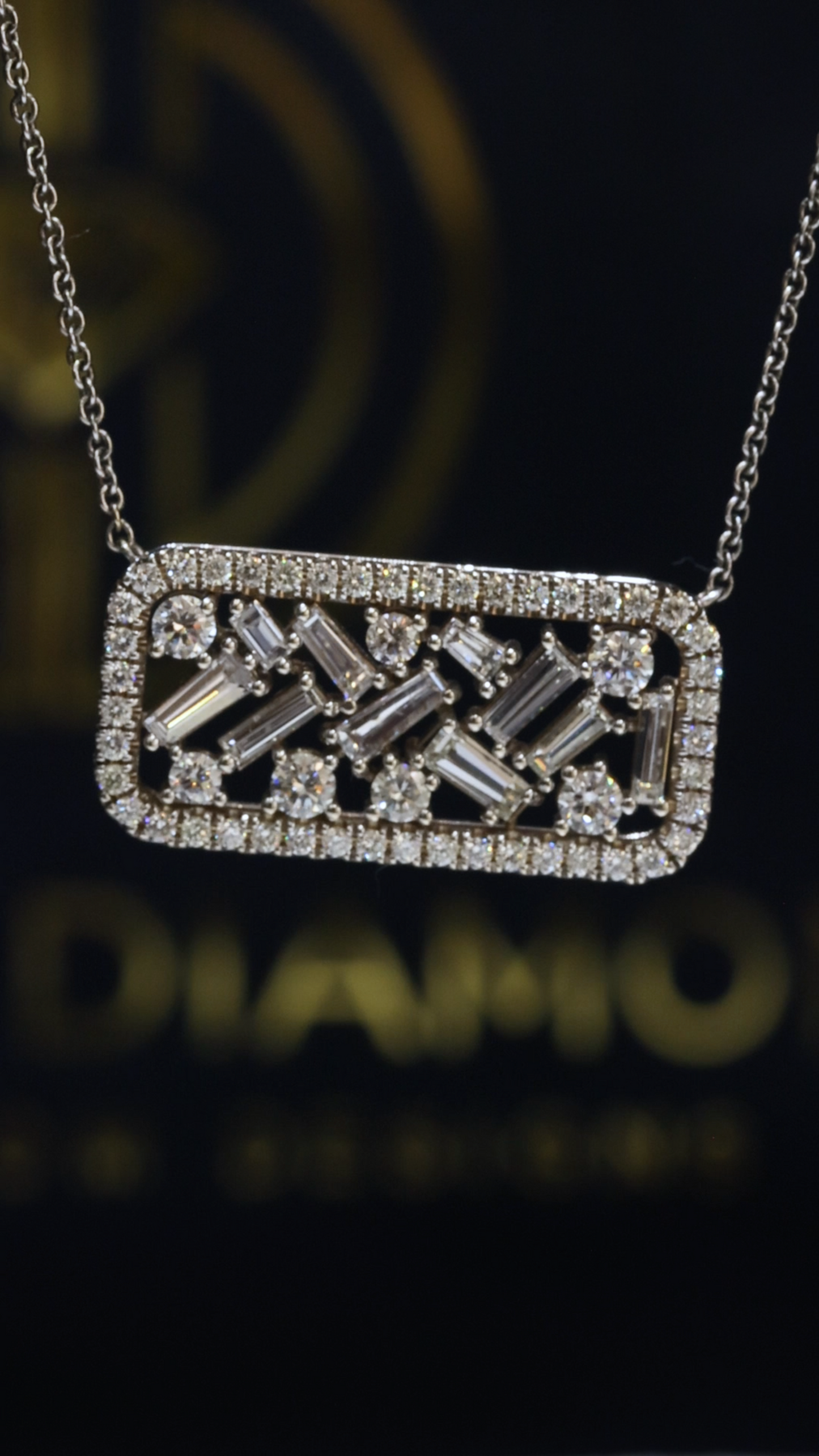Natural Baguette & Round Diamond Bar Pendant Necklace in 14K White Gold | Diamond Halo Frame