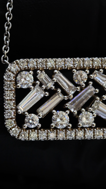Natural Baguette & Round Diamond Bar Pendant Necklace in 14K White Gold | Diamond Halo Frame