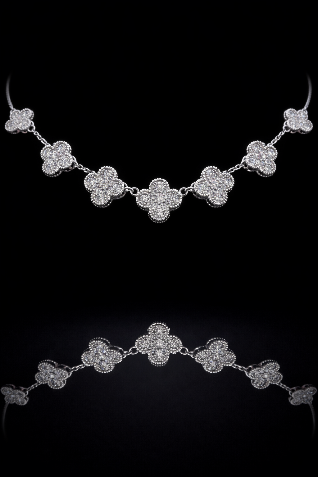 Natural Diamond Clover Station Necklace in White Gold | Elegant Floral Motif