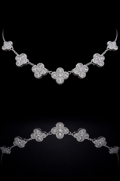 Natural Diamond Clover Station Necklace in White Gold | Elegant Floral Motif