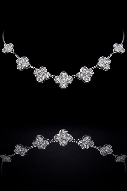 Natural Diamond Clover Station Necklace in White Gold | Elegant Floral Motif