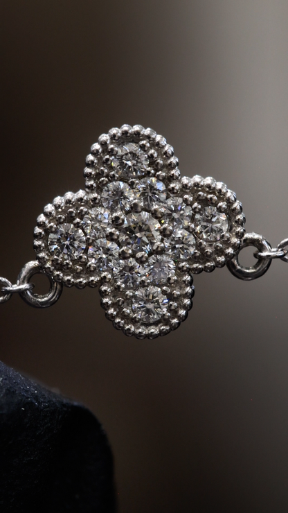 Natural Diamond Clover Station Necklace in White Gold | Elegant Floral Motif