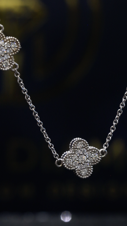 Natural Diamond Clover Station Necklace in White Gold | Elegant Floral Motif
