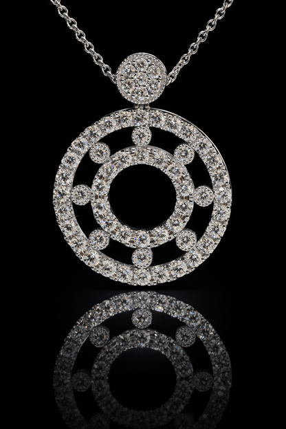Natural Diamond Double Circle Halo Necklace in White Gold | Floating Circle Design