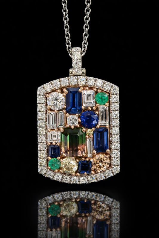 Natural Multi-Gemstone & Diamond Halo Pendant Necklace in 14K White & Rose Gold | Sapphire, Emerald & Fancy Diamond Mosaic