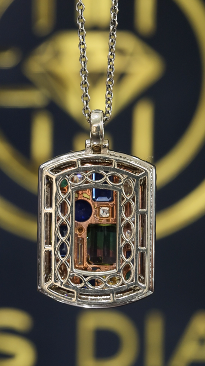 Natural Multi-Gemstone & Diamond Halo Pendant Necklace in 14K White & Rose Gold | Sapphire, Emerald & Fancy Diamond Mosaic