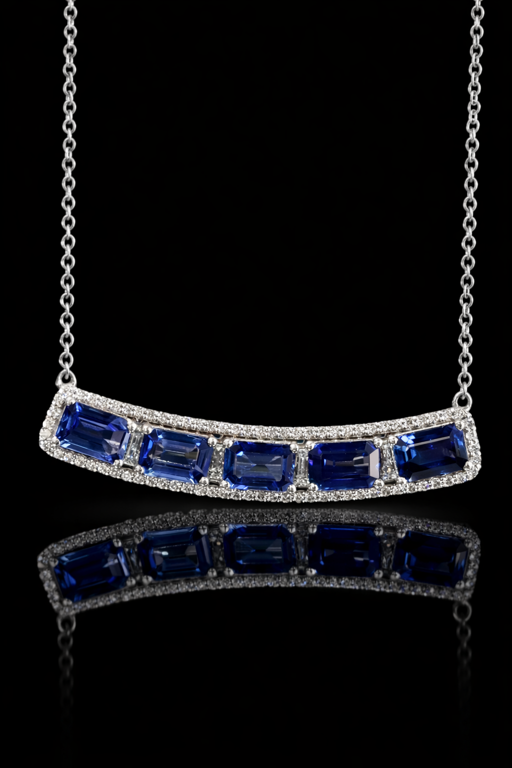 Natural Emerald-Cut Sapphire & Diamond Bar Pendant Necklace in 14K White Gold | Sapphire & Diamond Halo