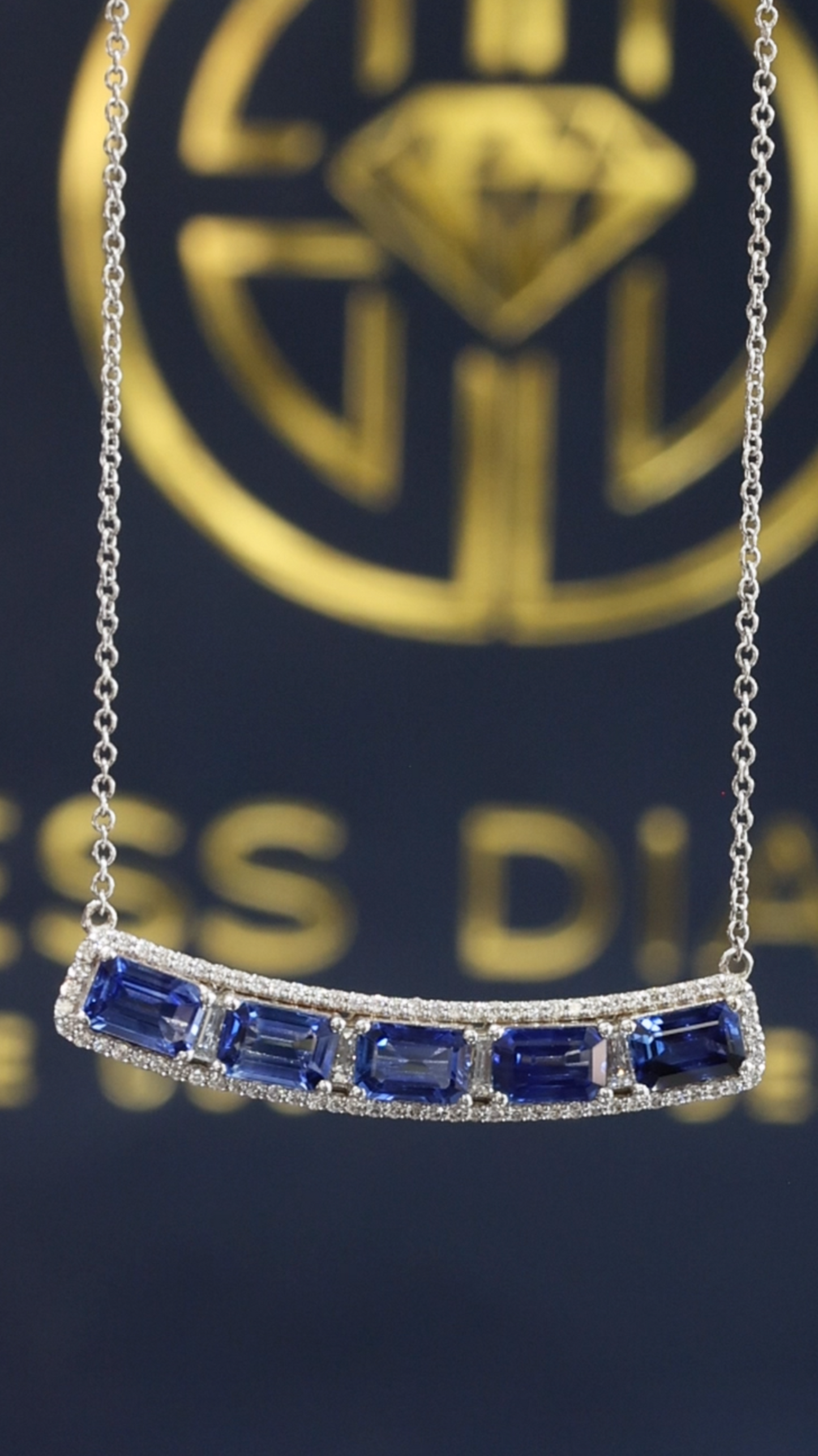 Natural Emerald-Cut Sapphire & Diamond Bar Pendant Necklace in 14K White Gold | Sapphire & Diamond Halo