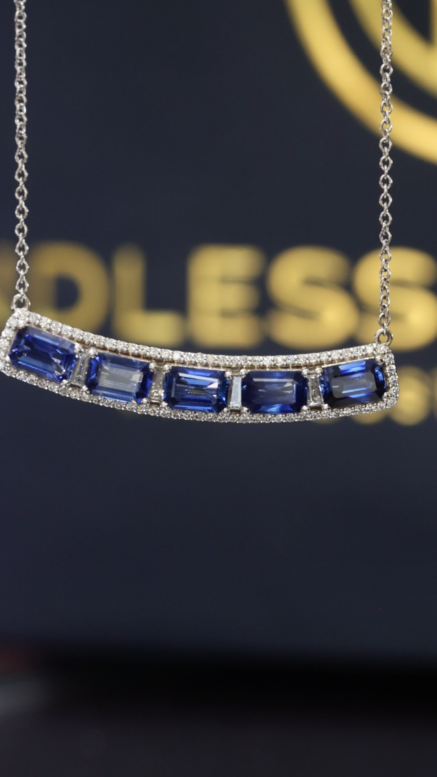 Natural Emerald-Cut Sapphire & Diamond Bar Pendant Necklace in 14K White Gold | Sapphire & Diamond Halo