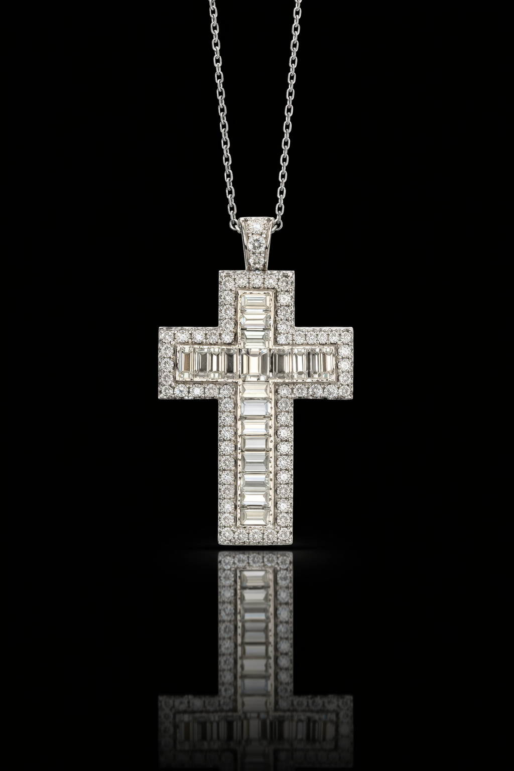 Natural Diamond Baguette & Round Cross Pendant Necklace in 14K White Gold | G–H / VS–SI