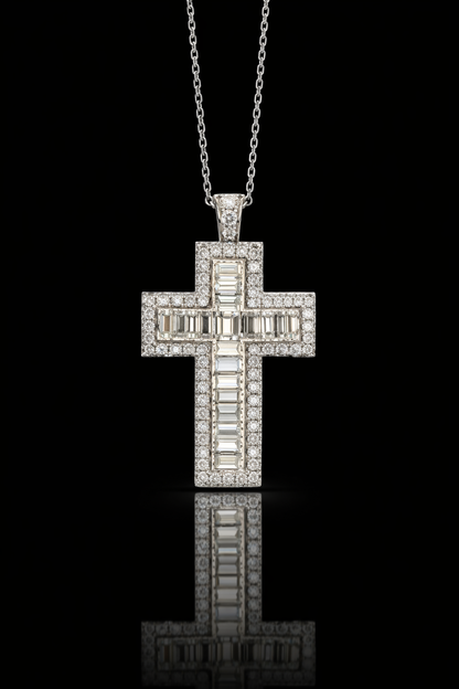 Natural Diamond Baguette & Round Cross Pendant Necklace in 14K White Gold | G–H / VS–SI