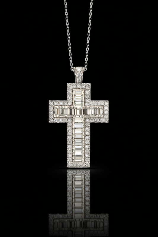 Natural Diamond Baguette & Round Cross Pendant Necklace in 14K White Gold | G–H / VS–SI
