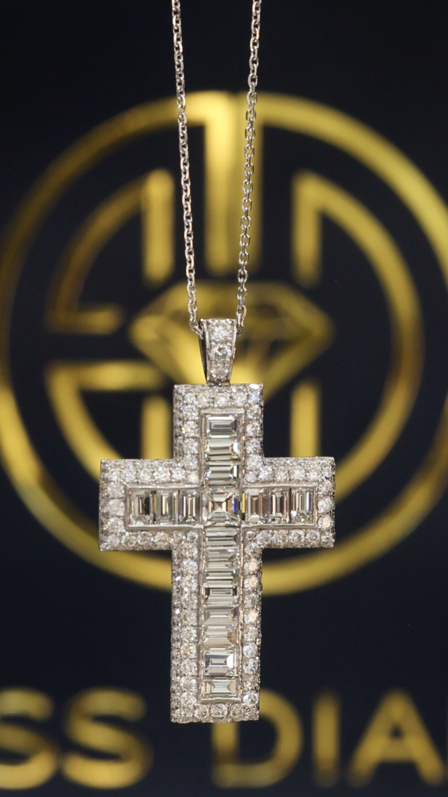 Natural Diamond Baguette & Round Cross Pendant Necklace in 14K White Gold | G–H / VS–SI
